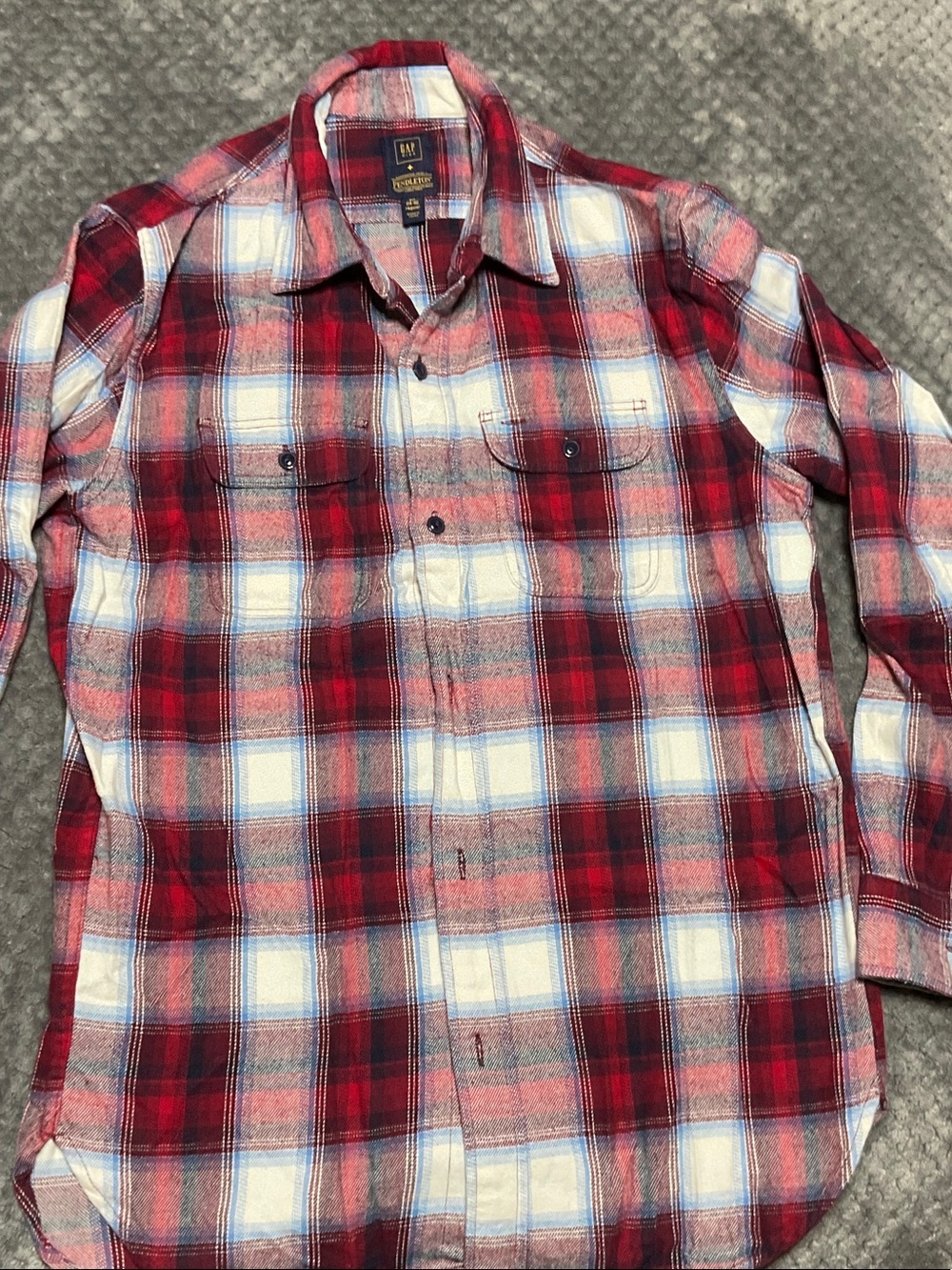 GAP Red and White Plaid Button-Down Shirt with light blue.
